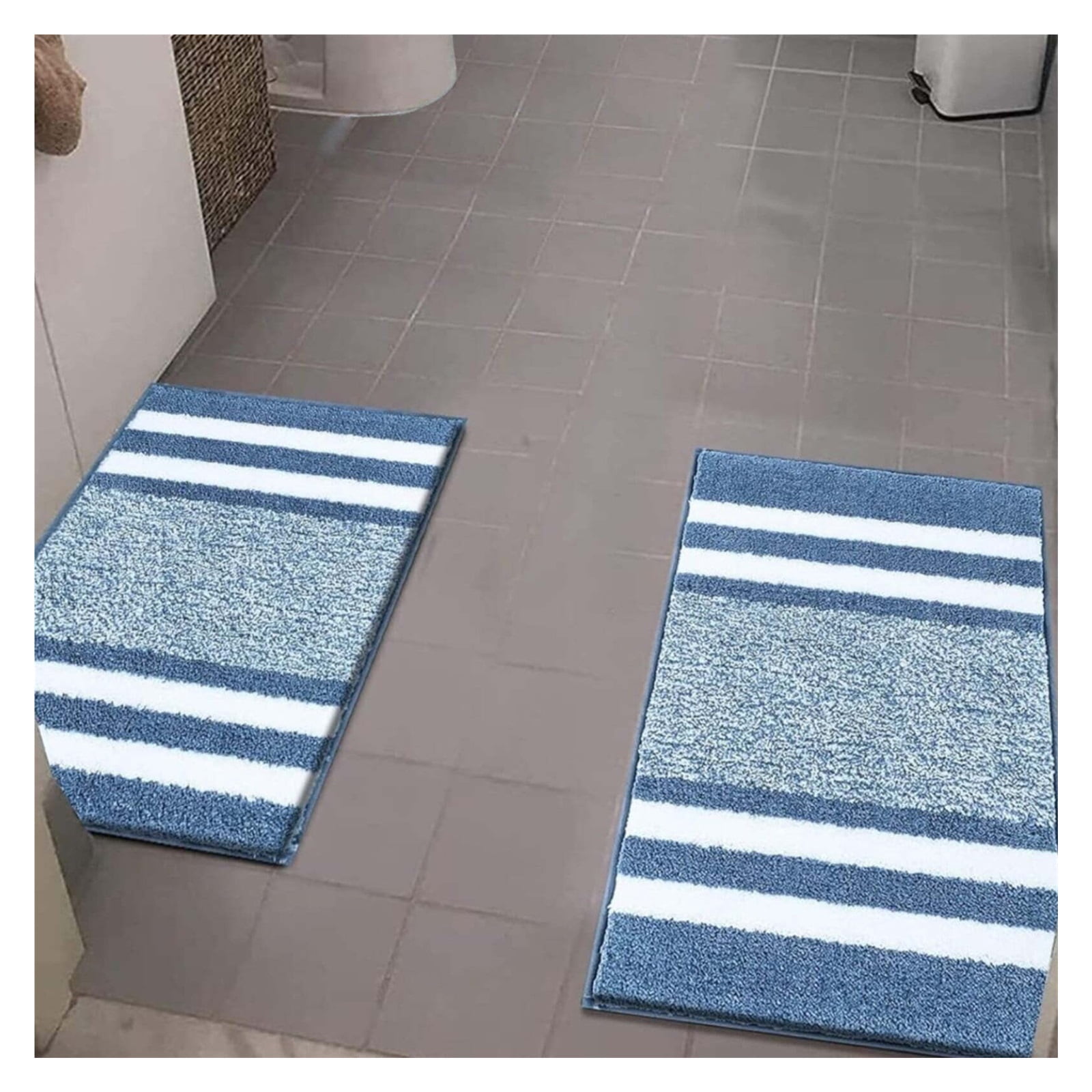 Bath Mat, Bathroom Rug Set, Non Slip Absorbent Quick Dry Bath Room Runner Rugs, Extra Soft Microfiber Washable Machine Tub Bathtub Shower Floor Carpet, Blue & White