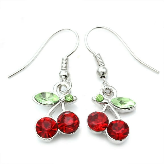 Green Leaf Red Fruit Cherry Dangle Earrings High Polish Silver Tone Jewelry g1