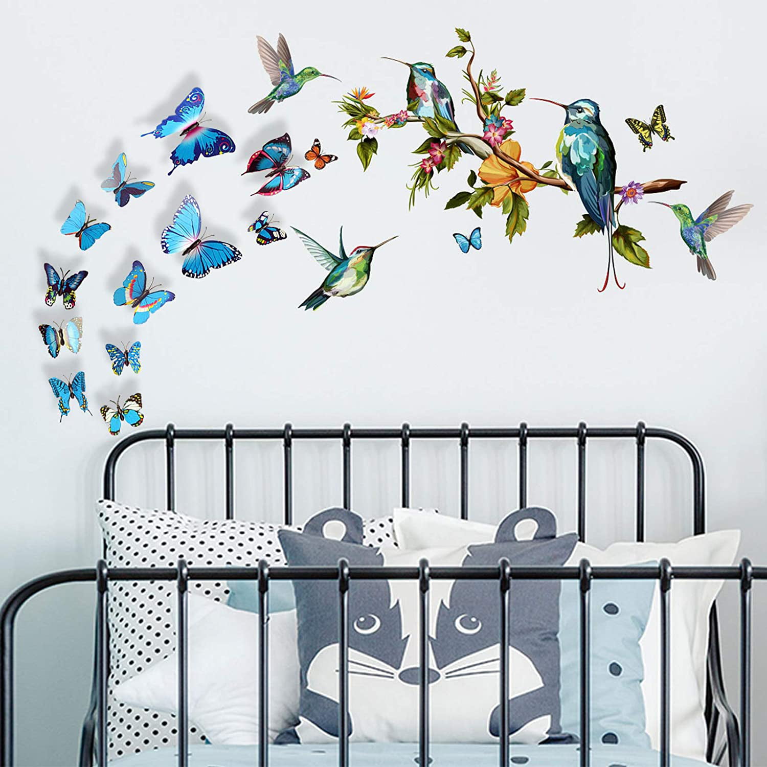 Hummingbird Wall Decals with 12 PCS 3D Colorful Butterfly Wall Stickers for Home Bedroom Removable Watercolor Birds on Tree Branch Wall Art Mural Decor Home Decorations for Living Room Bedroom