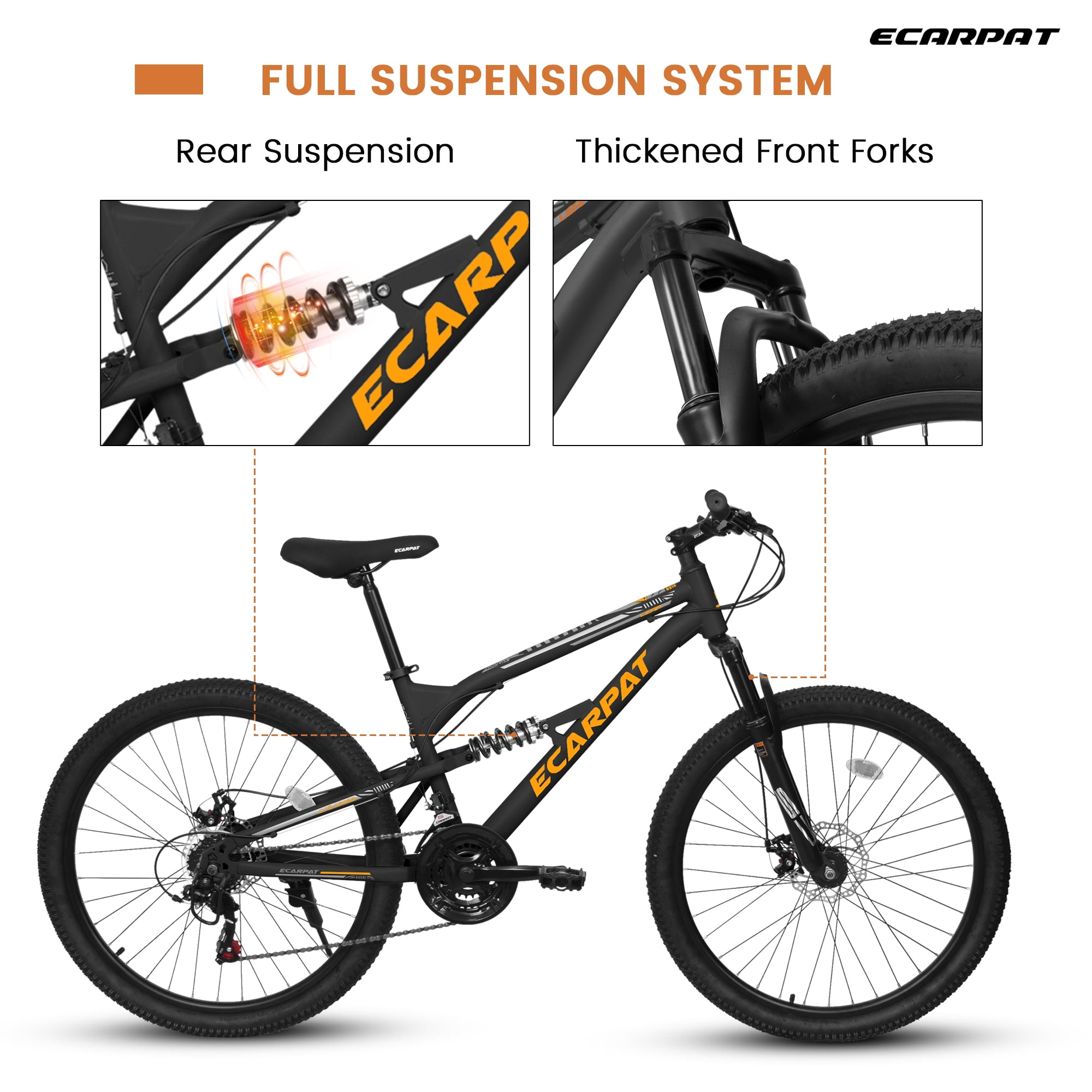 24 Inch Mountain Bike Full Suspension, 21 Speed Mountain Bicycle with Double Disc Brakes, Carbon Steel Frame Commuter City Bike for Adult Men Women, Black-Orange