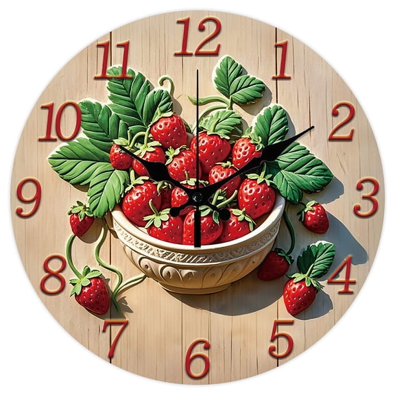 3D Relief Strawberry Bowl Pattern Wall Clock 12 Inch Non-Ticking Clocks Round Wall Hanging Clock Battery Operated