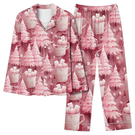 MuZeFu Pajamas for Women Set 2 Piece Long Sleeve Ladies  Casual Fashion Christmas Printed Long Sleeved Lapel Set Casual Top Pants Pajama Set Pink XXL