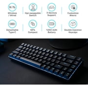 68 Hot Swappable 65% Mechanical Keyboard, 68 Compact BT5.0 Gaming Keyboard with Stand-Alone Arrow/Control , Black, Quiet Red