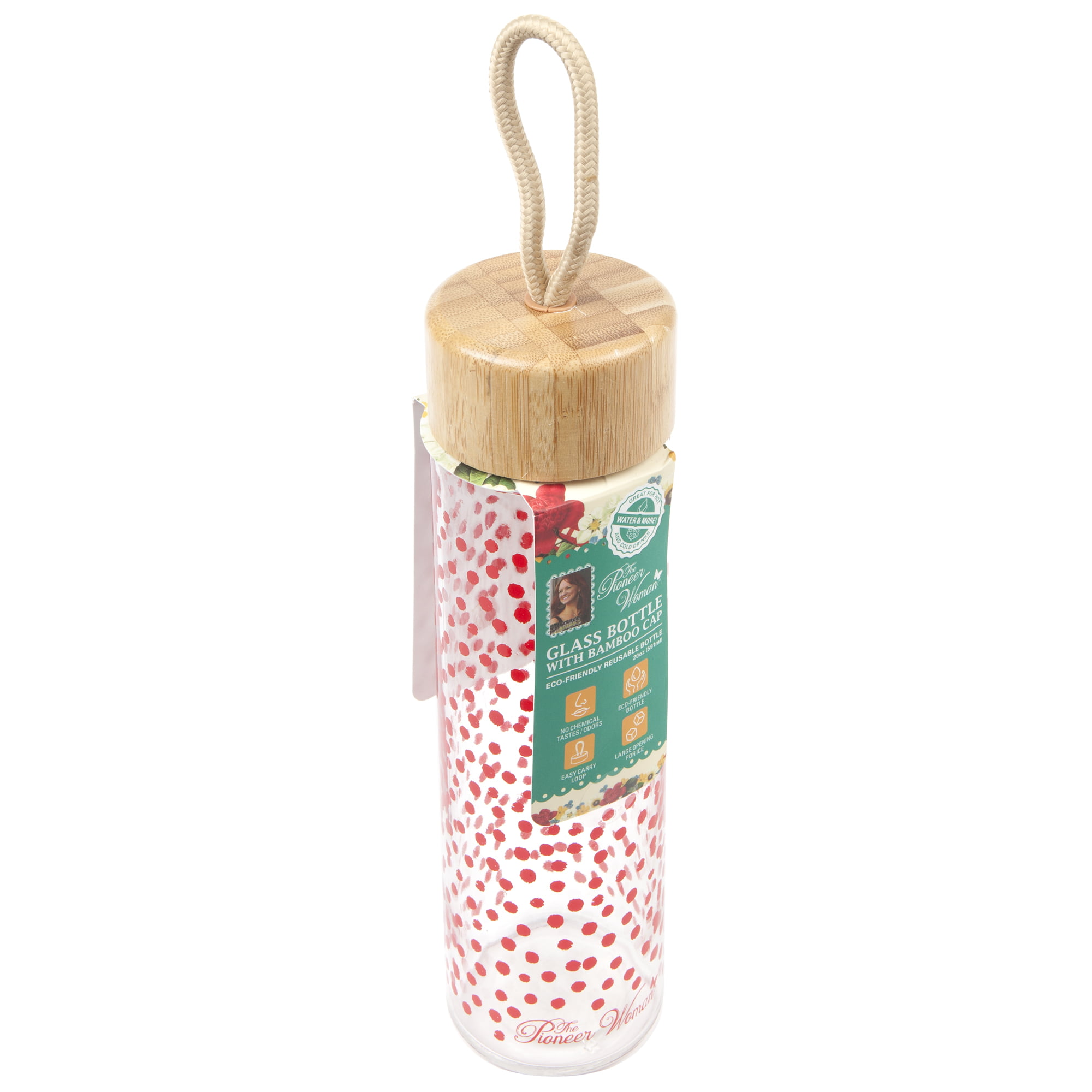 The Pioneer Woman 20 Oz Red Polka Dot Glass Bottle With Bamboo Cap NWT 