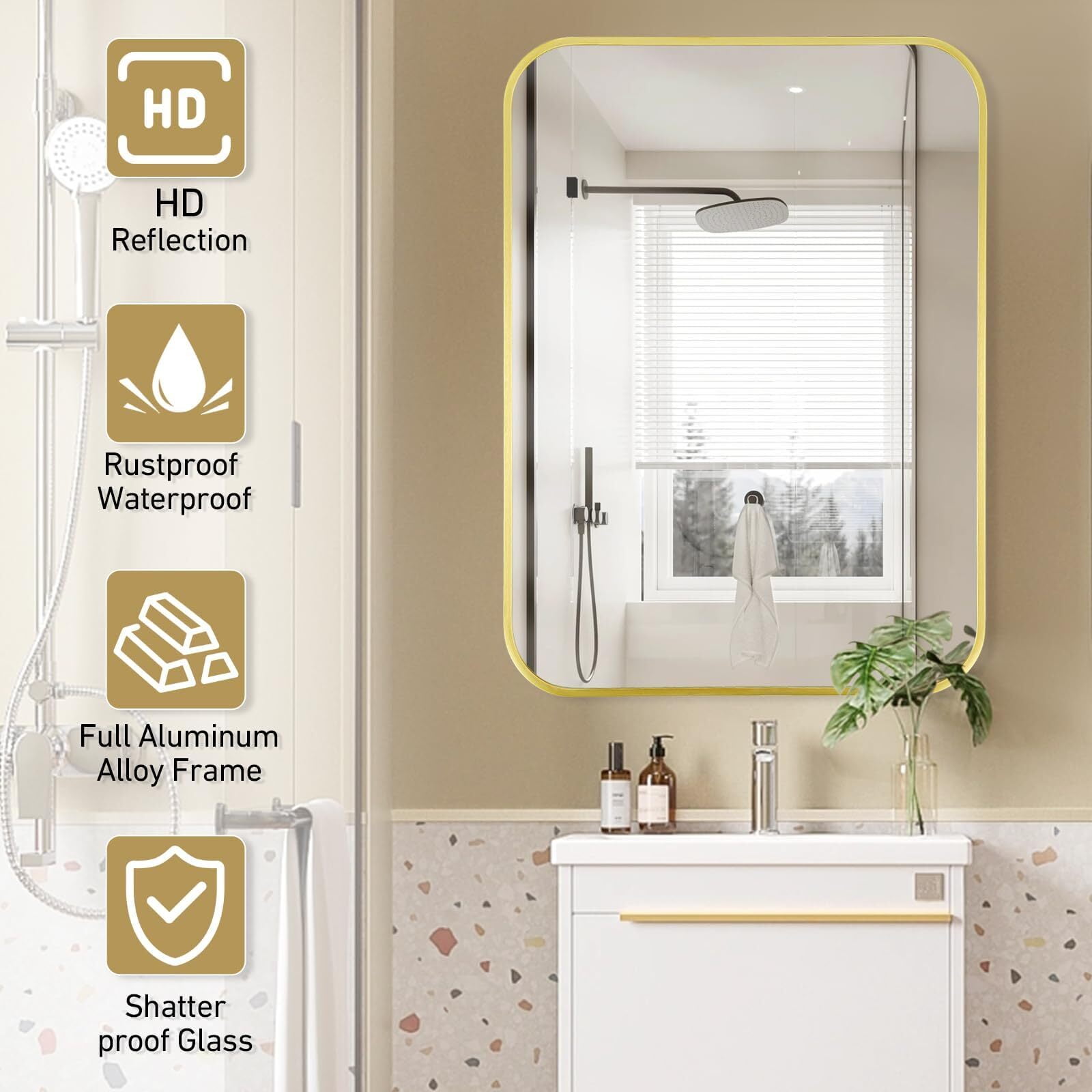 Anyrose 24"x36" Rectangle Bathroom Mirror with Rounded Corner Wall-mounted Mirror,Gold