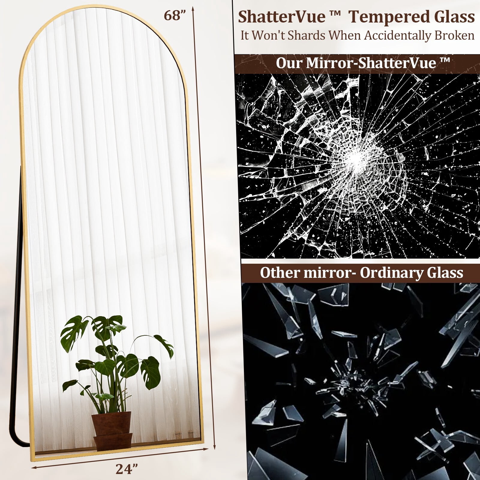 Easy4Home 68"x 24" Arch-Top Floor Mirror Metal Frame Free-Standing & Wall-Mounted, Gold