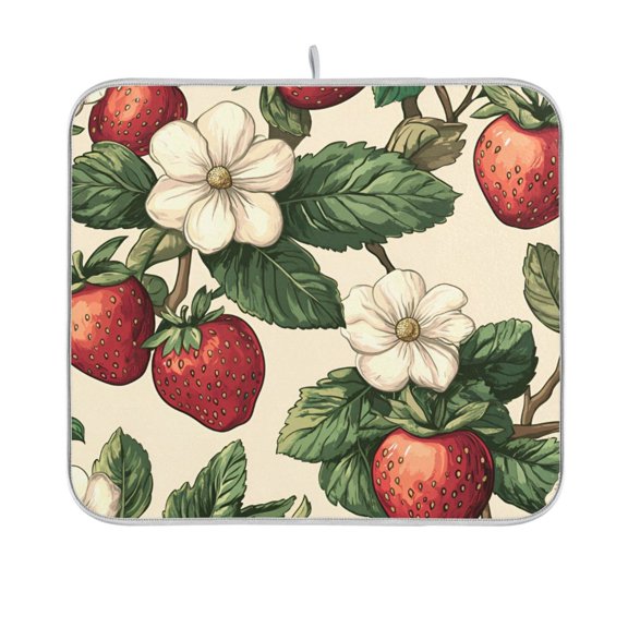 Yayeee Dish Drying Mat for Kitchen Counter 16"x18" Microfiber Absorbent Pad, Beige Strawberry