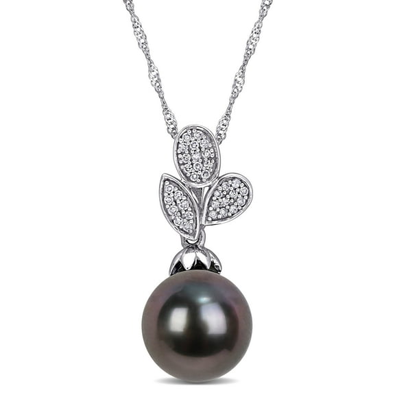 Everly Women's 9mm Cultured Tahitian Pearl and .1CT TW Diamond 10k White Gold Pendant