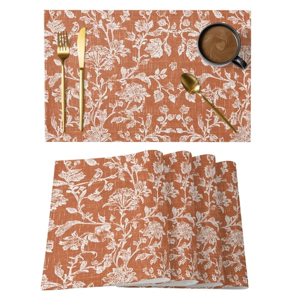 Botanical Rose Placemats Set of 2 Vintage Burnt Orange Floral Leaf Farmhouse Place Mats Indoor Wipeable Table Mats Washable Cloth Dining Table Placemats for Kitchen Holiday Party Decor 13x19 Inch