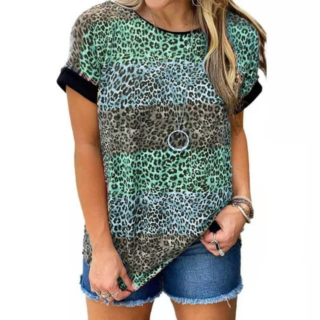 Nouveau T-Shirt à Manches Courtes Léopard pour Femmes Nouvelle Mode T-Shirt de Rue Grande Taille Col Rond Ample Décontracté