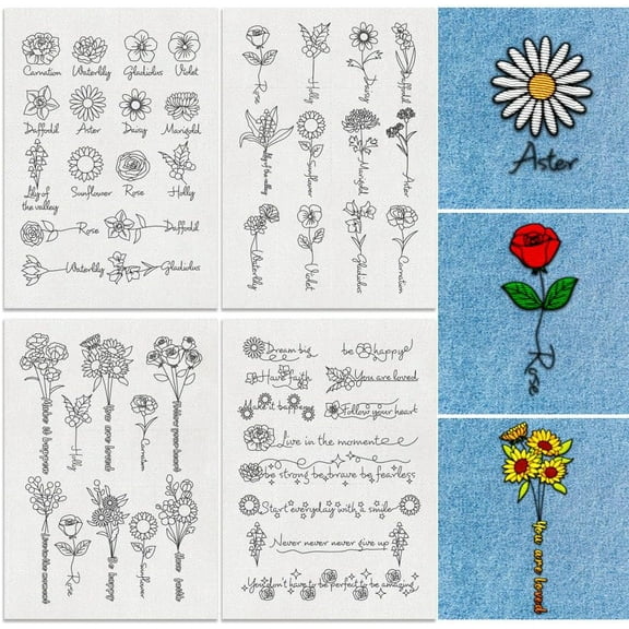 49Pcs Birth Month Flowers Water Soluble Hand Sewing Stabilizers 8.3"x11.7" Floral Name Embroidery Pattern Stabilizer 4 Sheets English Sentences Stick and Stitch Embroidery Paper Sticker making