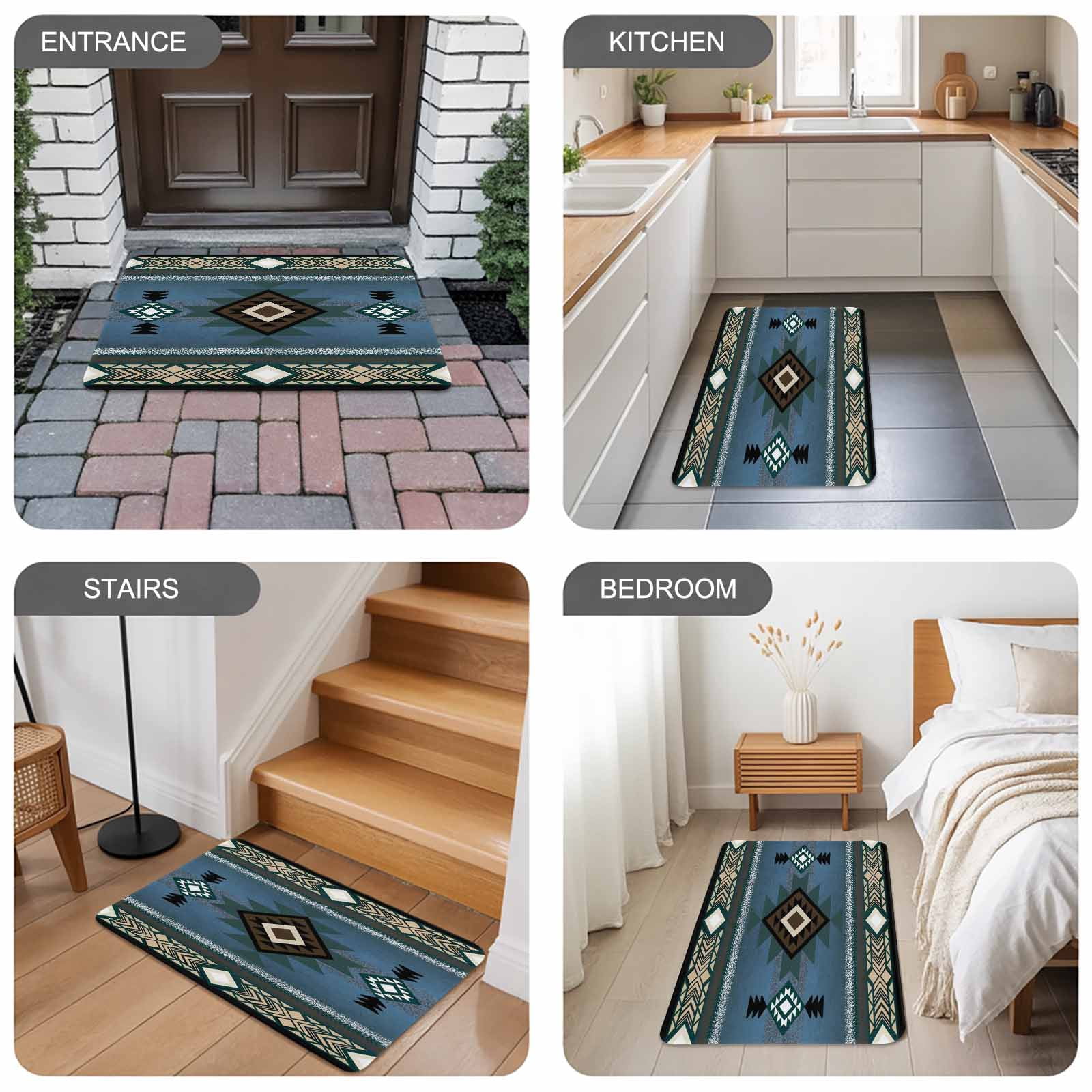 Blue Southwest Doormat Outdoor Entrance 18"x30", Farmhouse Boho Aztec Abstract Geometric Absorb Moisture Dirt Door Mats, Non-Slip Rubber Backing Floor Mats Indoor, Low-Profile Front Door Rugs