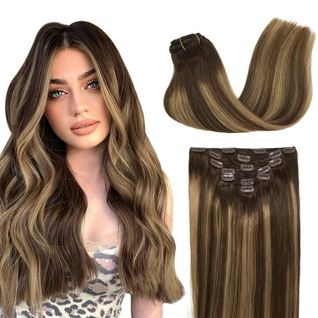 Clip in Hair Extensions Human Hair Balayage Chocolate Brown to Caramel Blonde  Hair Extensions 7pcs 120g 22 Inch Long Clip in Hair Extensions Straight Hair  for Women | Walmart Canada