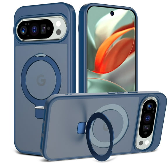 Magnetic Phone Case For Google Pixel 9 Pro XL,With Invisible Magnetic O-Ring Kickstand,Compatible with Mag-Safe,Skin Feel Ultra Slim Shockproof Anti-Drop Protection Translucent Phone Case,Blue