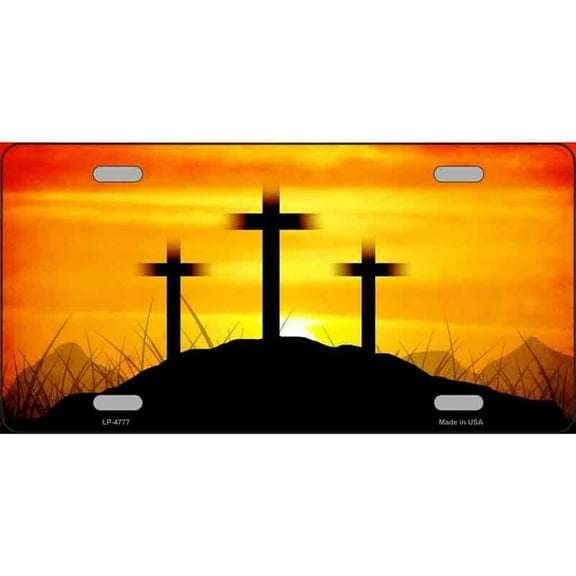 Aluminum (12 inch x 6 inch) License Plate Metal Sign for Home Three Crosses Sunset