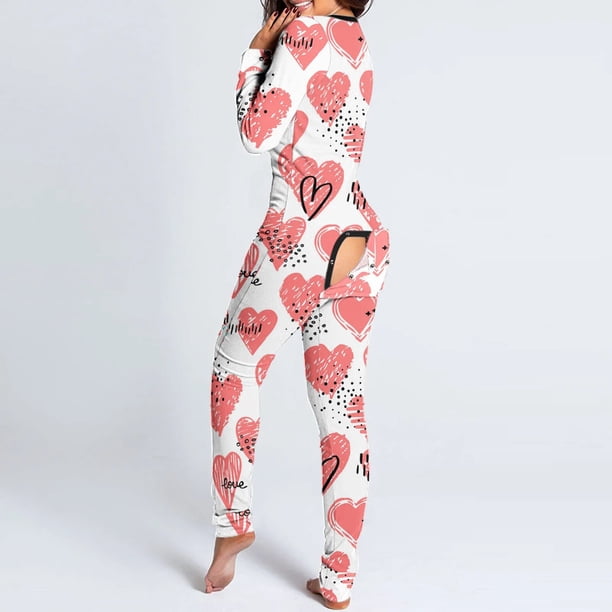 Pijama de Halloween para mujer, Pelele con estampado de amor, funcional, abotonado, con solapa en el trasero, para adultos, cálido, ropa de dormir completa