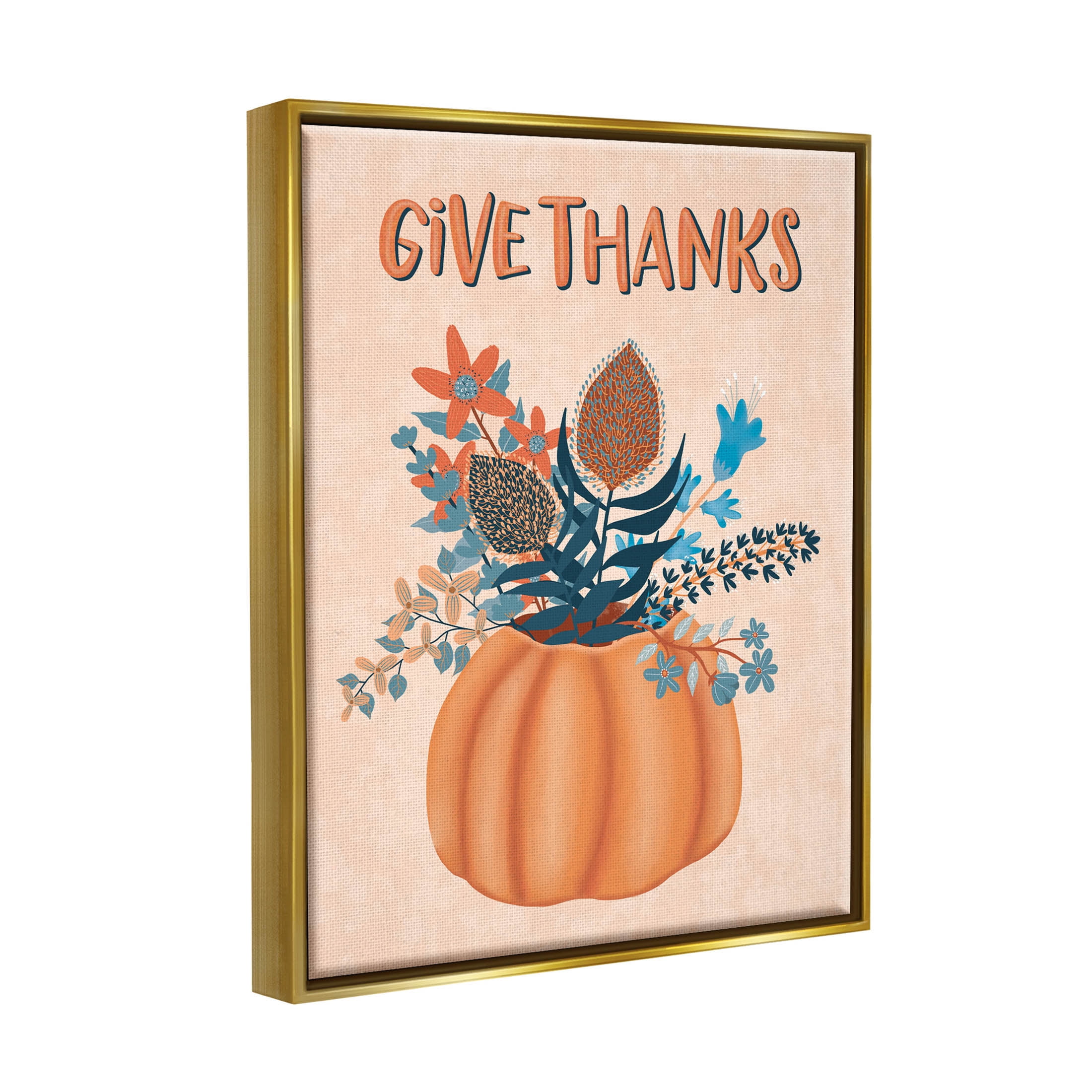 Give Thanks Fall Botanical Blooms Holiday Graphic Art Metallic Gold Framed Art Print Wall Art