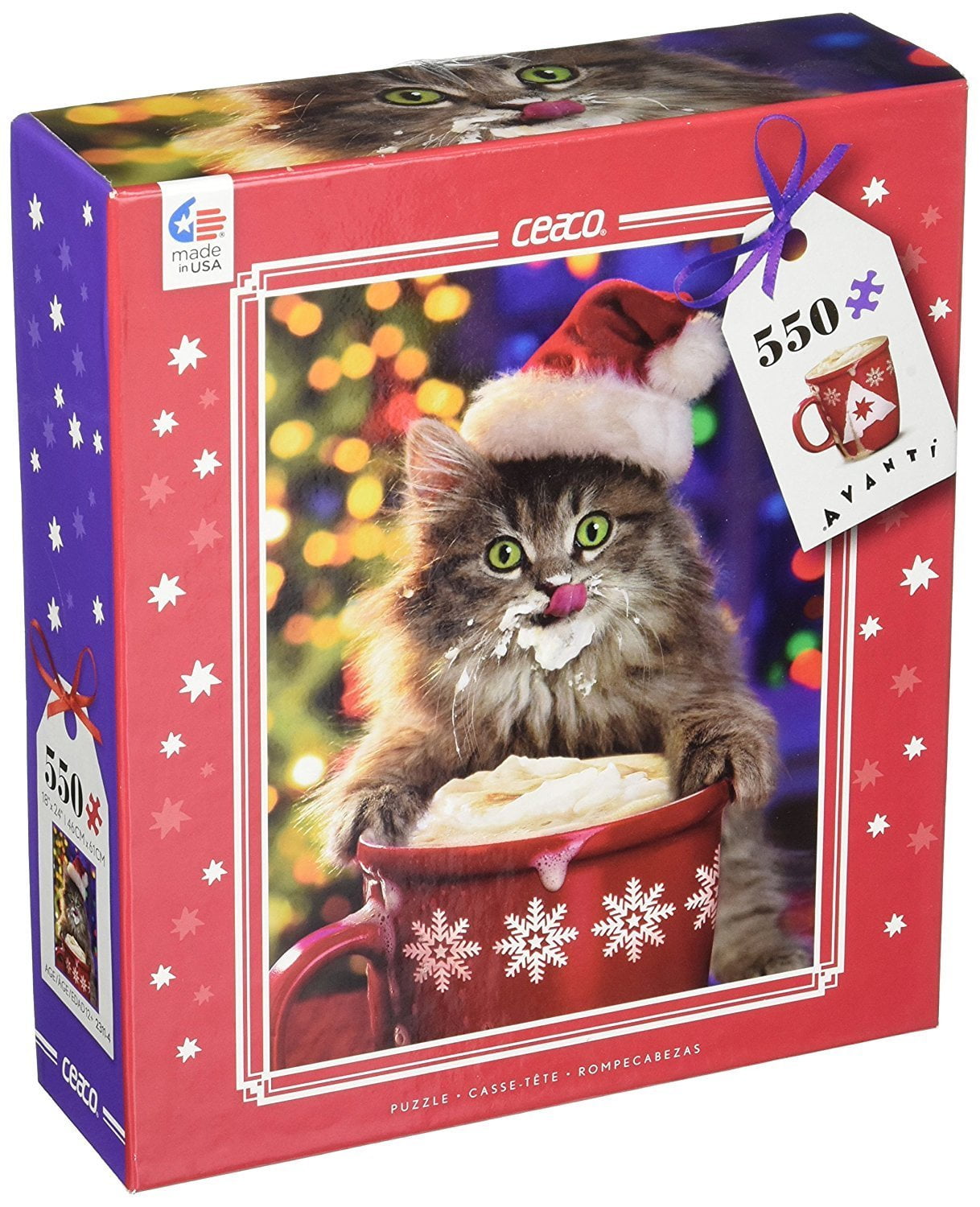 Ceaco Avanti Jigsaw Puzzle of Cat Drinking Santa's Hot Chocolate; 550 pc 18x24 