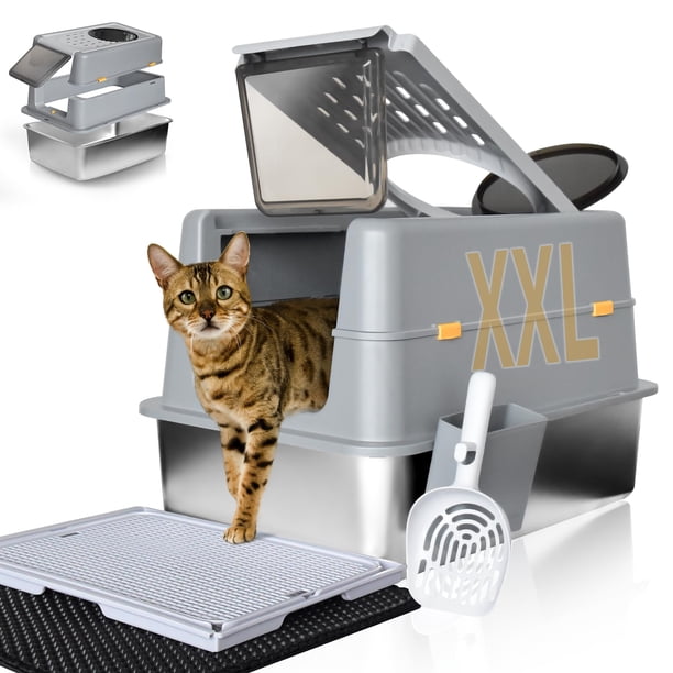 Arenero de acero inoxidable con tapa tamaño XXL extragrande para gatos grandes fácil de limpiar con pala incluida laterales altos antifugas de orina a