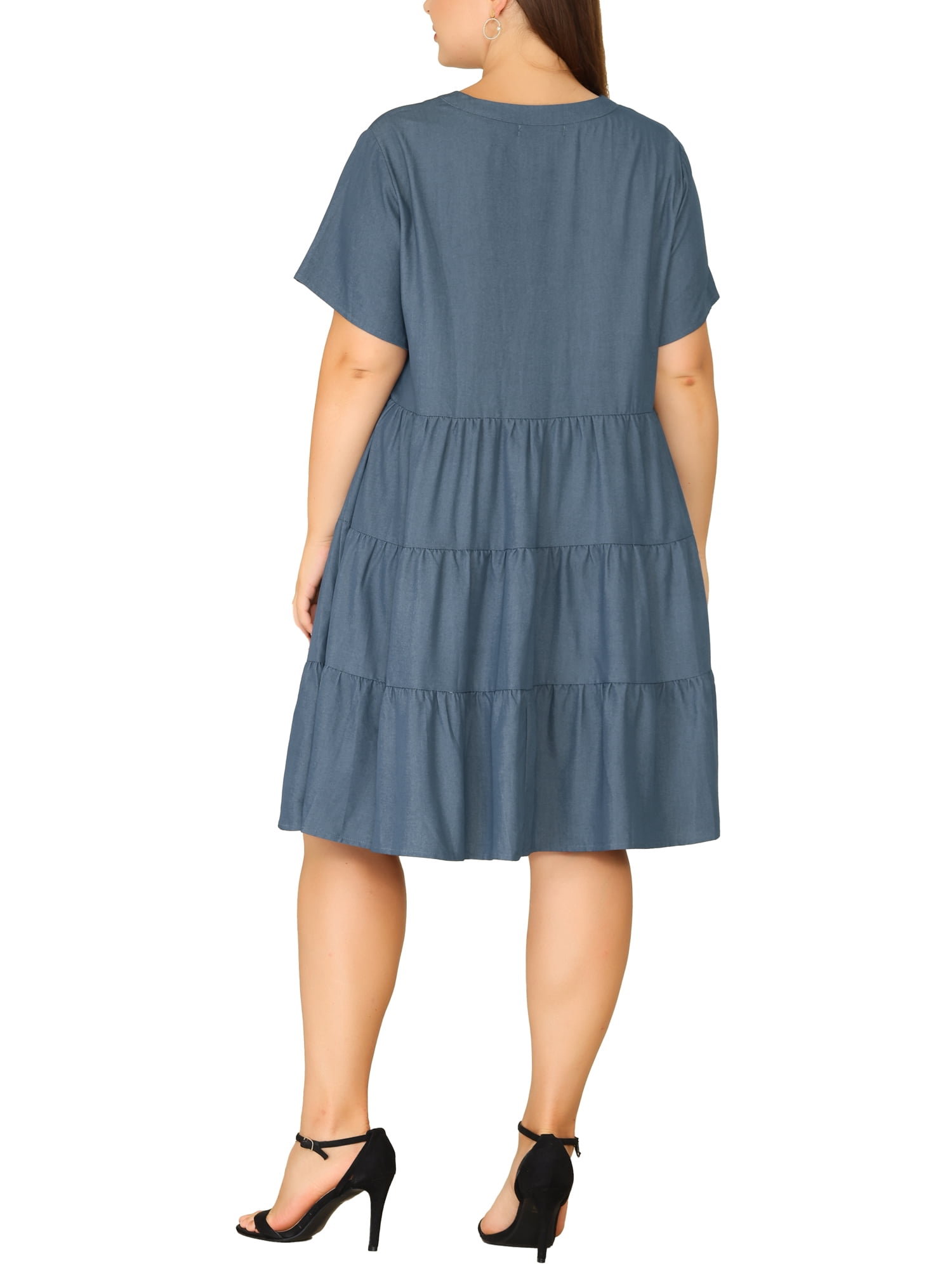 DARING DIVA Plus Size Button Down V Neck Tiered Chambray Dress 4X Grey Black