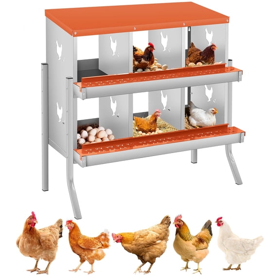 Lumiparty Chicken Nesting Box for Laying Eggs, 6 Compartment Two-Tier Galvanized Steel Hen Nest Box with Large Vents, Wall Mount for Chicken Coop, Red