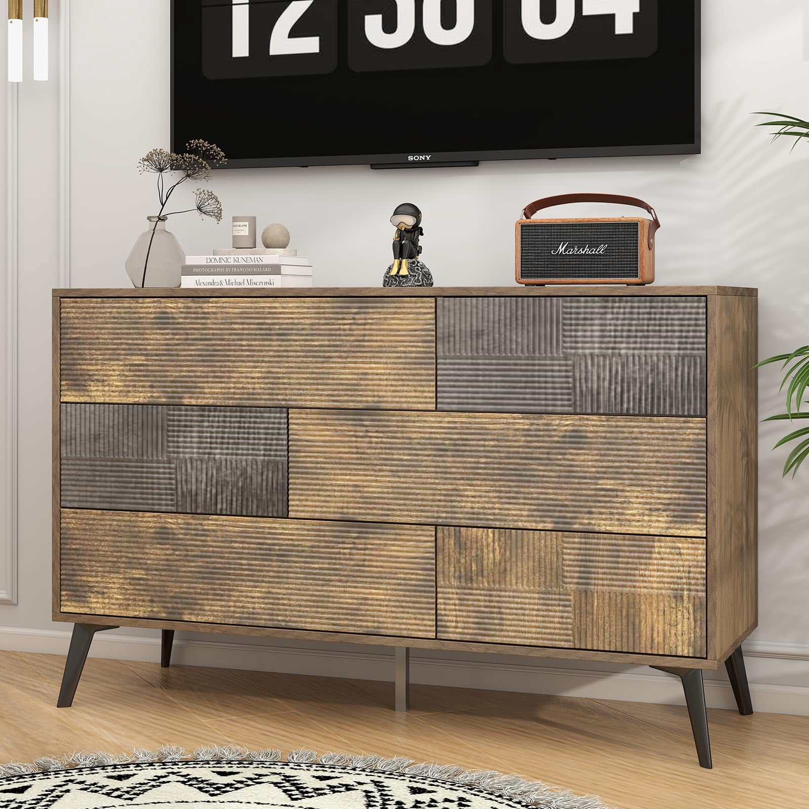 Danpinera Home 6-Drawer Fluted Dresser, 47” Wide Handleless Chest with Wood Finish, Rustic Brown Modern Storage Cabinet for Bedroom or Hallway