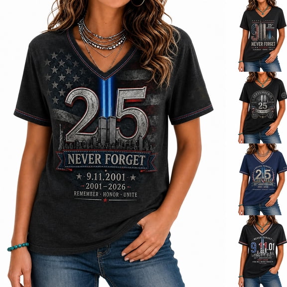 AHMOMEI 911 Never Forget Shirt Patriotic Day 25th Anniversary Womens 911 Memorial Shirt American Flag Honor Faith V Neck Short Sleeve Shirts