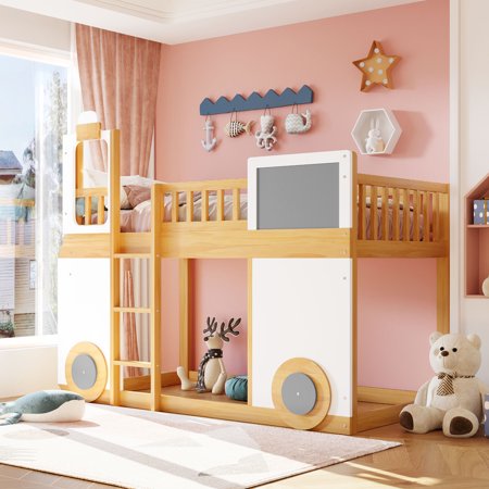 DreamBuck Twin over Twin Bunk Bed  Twin Size Loft Bed  Train Shape Design Wood Bunk Bed  Twin Loft Bed Frame  Wooden Floor Toddler Bunk Beds for Kids Girls Boys Bedroom Dorm  Natural