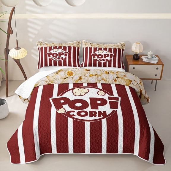 Erosebridal Retro Pop Corn Movie Twin Quilt Set for Boys Girls, Red White Stripes Line Twin Coverlet Set, 2 Pieces