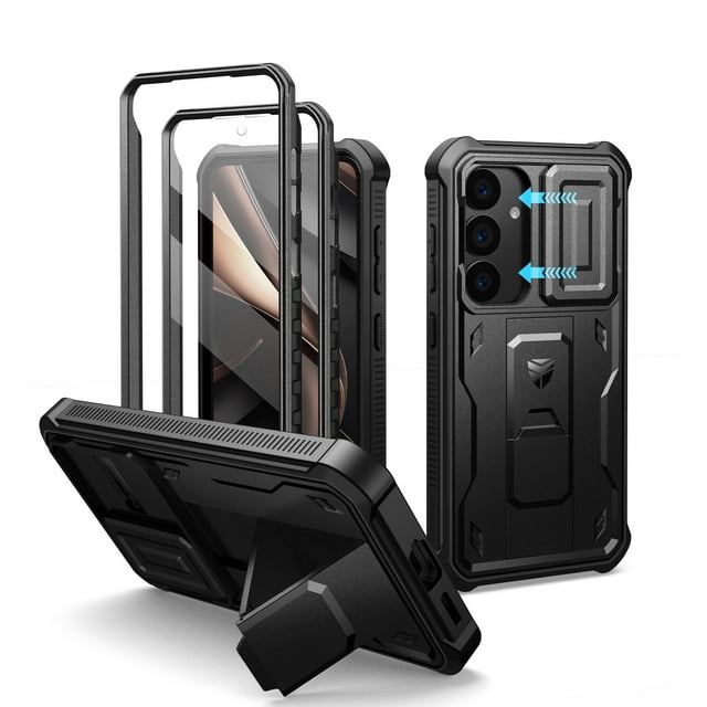 Dexnor for Samsung Galaxy S25 Case with Built-in Slide Camera Cover & Screen Protector & Kickstand, Heavy-Duty Shockproof Rugged Case Full-Body Bumper Protective Cover for Galaxy S25 2025, Black