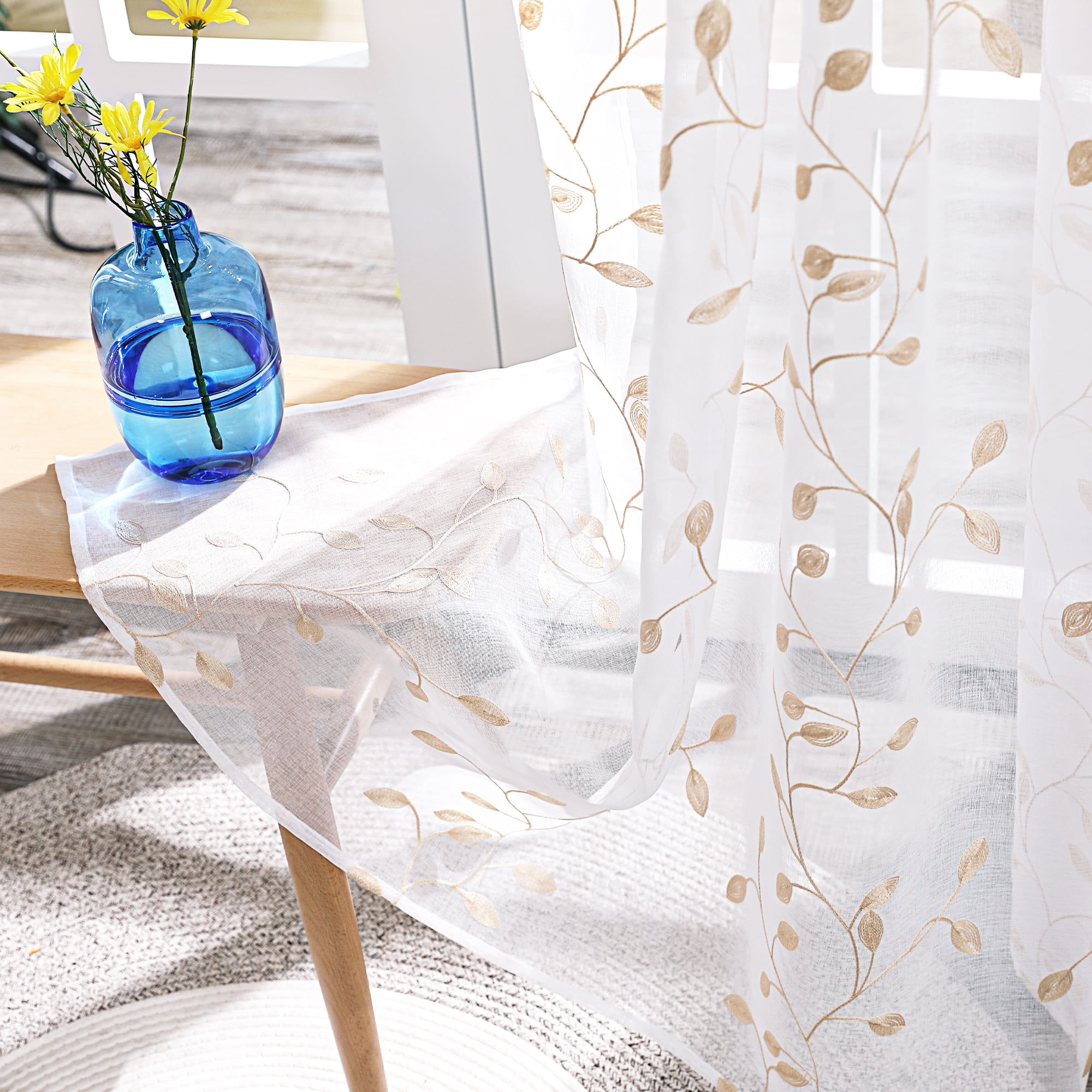 Deconovo Sheer Curtains 84 inches Long, Leaf Pattern Embroidery Floral Curtains for Bedroom Living Room - 2 Panels, Each 52x84 in, Beige
