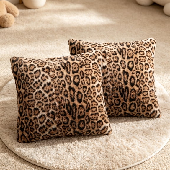 Vintage Leopard Print Faux Fur Throw Pillow Covers, Soft Plush Square Decorative Cushion Cases for Sofa, Couch, Bed, Living Room & Home Decor