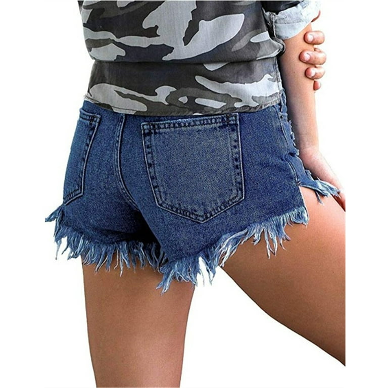 ONLYSHE Dark Blue Jean Shorts for Women Distressed Denim Shorts Zipper High  Waist M