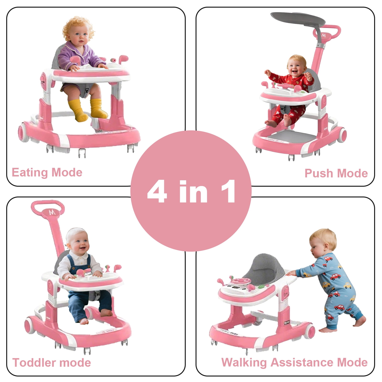 YUCHANG 4 in 1 Baby Walker with Wheels,Push Walker With Music Activity,Foldable and Height Adjustable,Pink