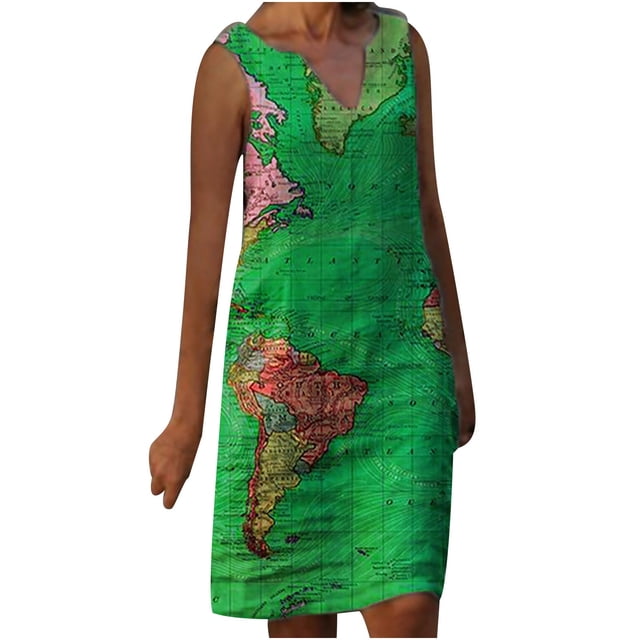 Birdeem Mode Femme Décontractée Grande Taille Robe Sans Manches à Col en V Imprimé Carte