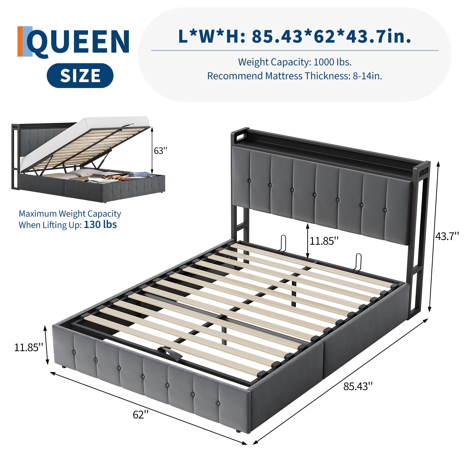 Queen Lift Up Storage Bed Frame,Upholstered Platform Bed with Storage Headboard,Hydrualic Underneath Storage,No Box Spring Needed,Easy Assembly