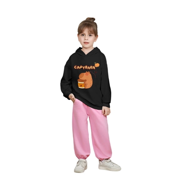 lnmuld Girls Tops Girls Hooded Sweatshirt Capybara Print Casual Loose Fit Long Sleeve Top for Toddler Kids Soft Comfortable Autumn Winter Outfits Size:5-6 Years