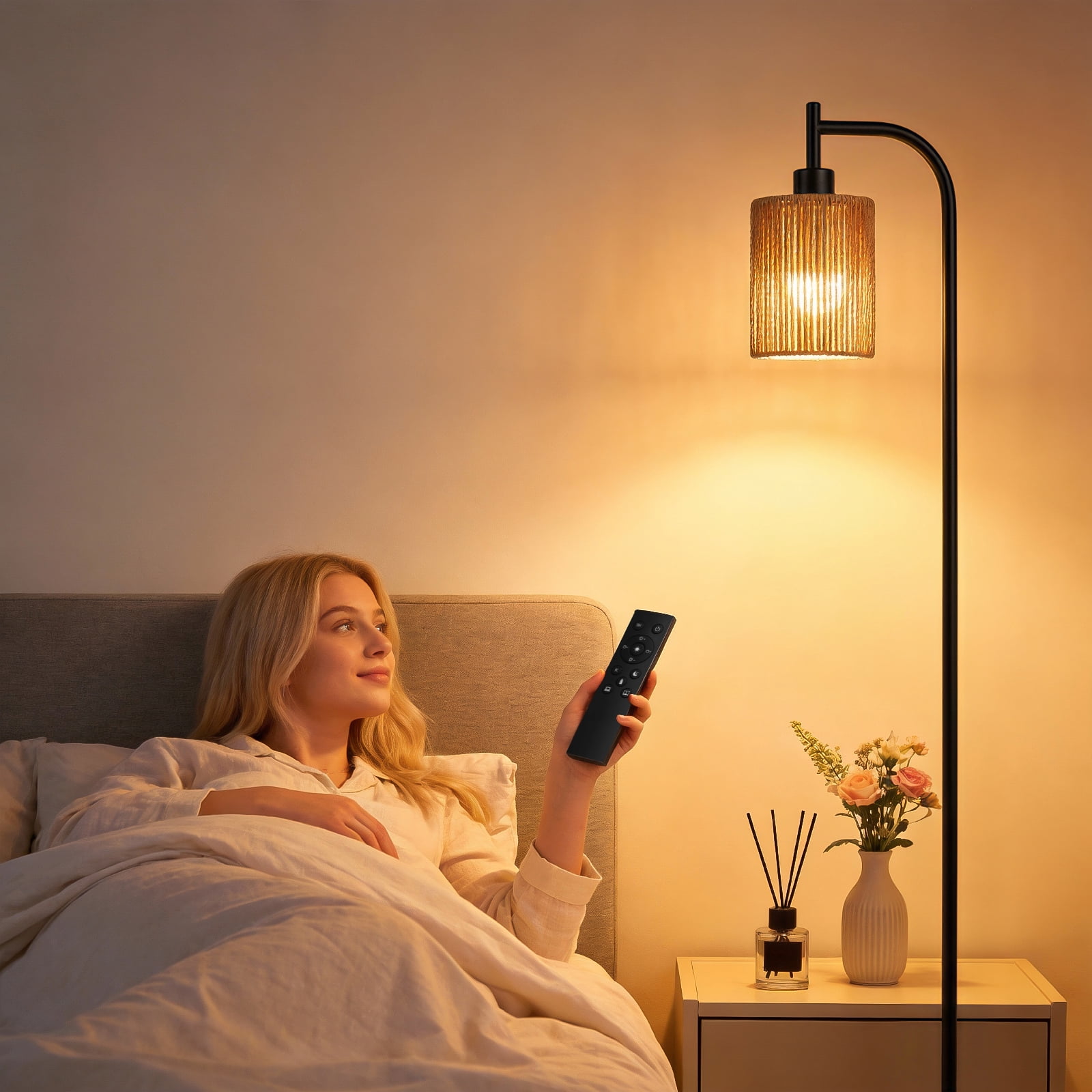 66" Rattan Floor Lamps for Living Room with Remote Control 3 Color Temperature Dimmable Boho Standing Lamp Tall Pole Lamps for Bedroom, Office,Black,Bulb Included