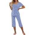 thumbnail image 2 of Aueoeo Women's Sleepwear Capris Printed Pajama Sets Short Sleeve Two-Piece Pjs V Neck Tops & Capris Pants with Pockets Purple XX-Large, 2 of 5