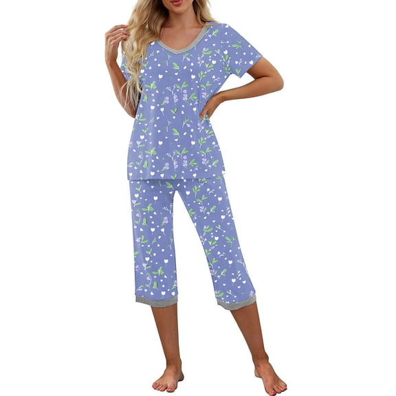 Tnhcen 2025 Women's Printed Cooling Sleepwear Floral Top Capri Pants Pajama Set Shirt Pjs Home Clothes S-2XL
