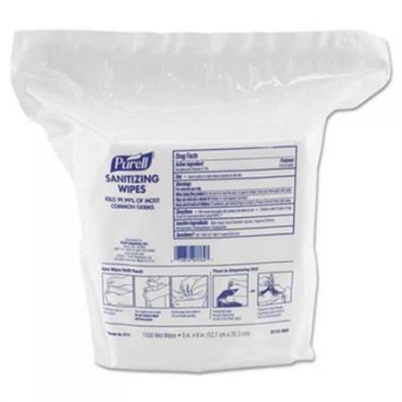 Gojo 911502 Premoistened Sanitizing Wipes, Nonwoven Fiber, 5 in. x 8 in., 1500-Refill