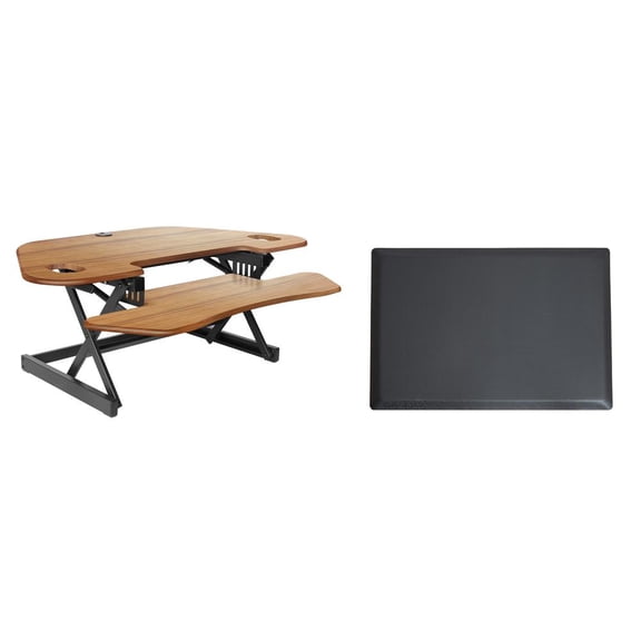 46" Adjustable Corner Standing Desk Converter Anti Fatigue Mat Bundle Teak Wood