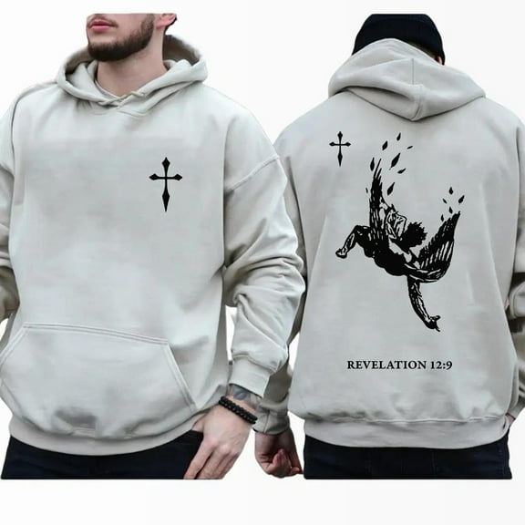Revelation 12:9 Double-Sided Hoodie – Fallen Angel & Cross Graphic Bible Verse Hoodie, Gothic Christian Faith Pullover, Unisex Religious Streetwear Gift