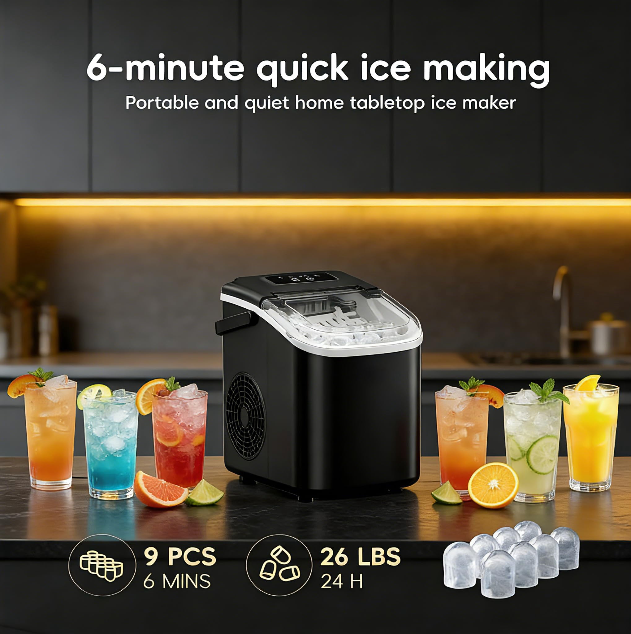 Countertop Ice Maker with Handle, Small Portable Self-Cleaning Ice Machine with Basket and Scoop， 26lbs/24H, 9 Ice Cubes in 6 Mins, for Home, Kitchen, Parties, Camping