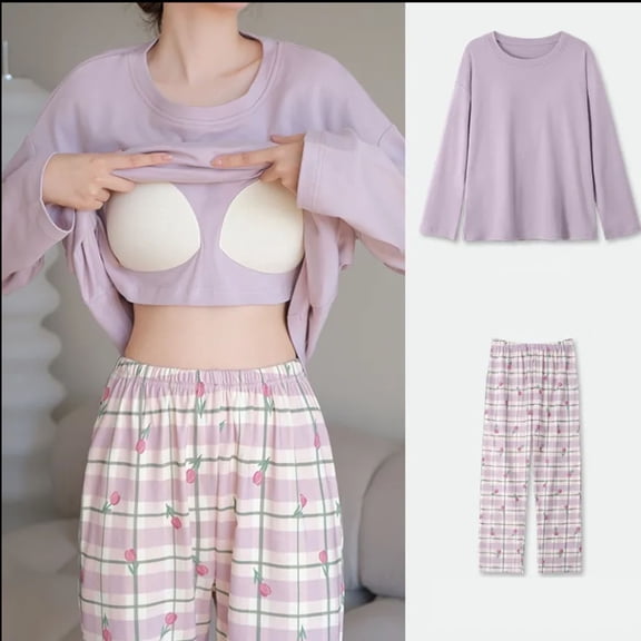 HCYSFG Women's Built In Bra Pajama Sets 2 Piece Loose Tulip Plaid Long Sleeve Crewneck Shirt Paired With Sleepwear Pants Pjs Set