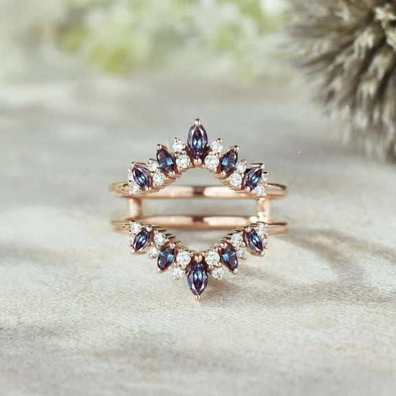 Vintage Marquise Alexandrite Ring Enhancer in 14K Rose Gold Vermeil – Double Curved Diamond Wedding Band