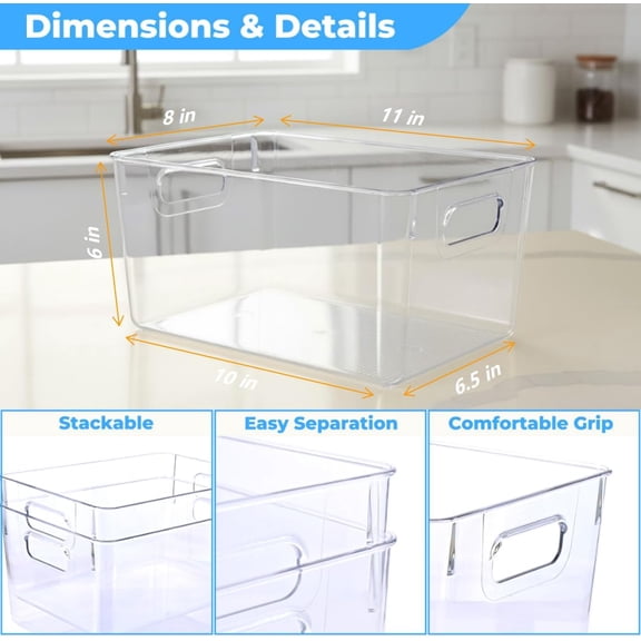 XL Clear PET Storage Organizers – 11" x 8" x 6" Stackable Plastic Containers with Handles for Pantry, Kitchen, Closet, Bathroom & Drawer Organization (8 Pack)