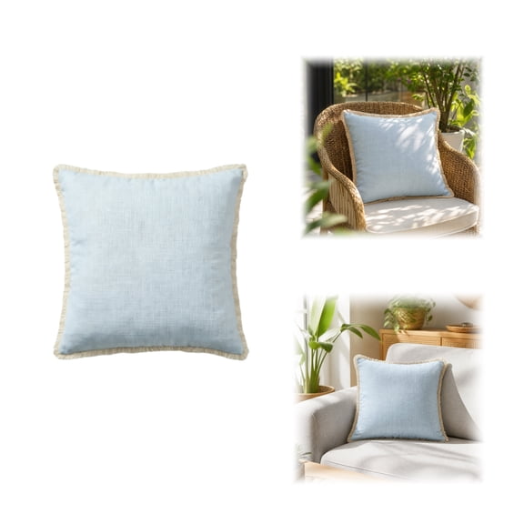 Fringe Trimmed Outdoor Pillow, 18"x18" Light Blue Outdoor Pillow with Beige Fringe, Water & Stain Resistant Decor Cushion