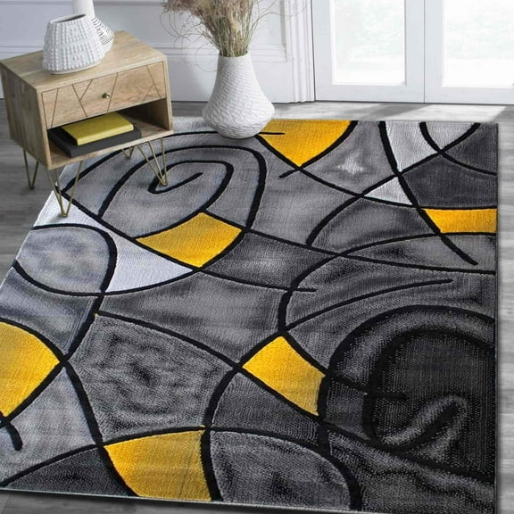 Yellow/Grey/Silver/Black/Abstract Area Rug Modern Contemporary Circles and Wavey Swirlls Design Pattern