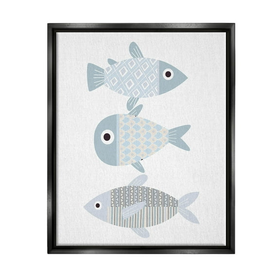 Stupell Industries Three Whimsical Patterned Fish Sea Life Graphic Art Jet Black Floating Framed Canvas Print Wall Art, Design by Kim Allen